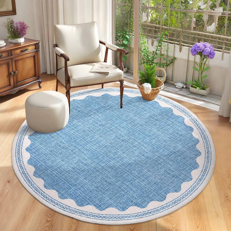 Scalloped Pattern Rugs for Living Room Bedroom Soft Non Slip Low Pile Throw Carpet Washable Foldable Area Rug