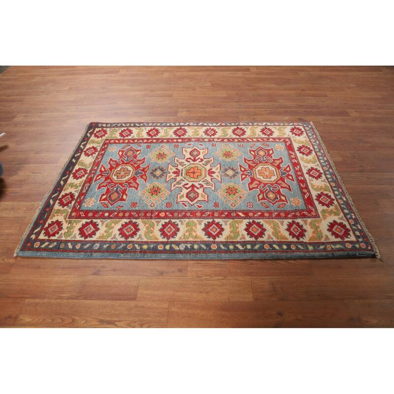 Light Blue Kazak Foyer Rug Hand-Knotted Bedroom Wool Carpet - 2'10"x 4'0"