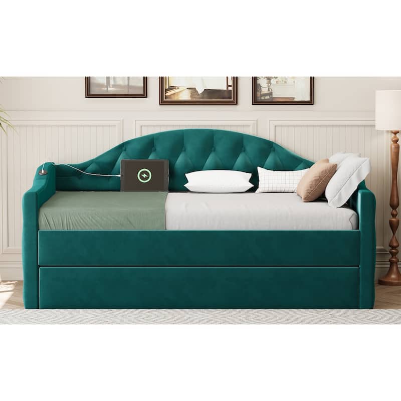 Tufted Upholstered Frame Daybed Velvet Sofa Bed with USB and Type-C Charging Ports, Twin Platform Low Profile Bed with Trundle