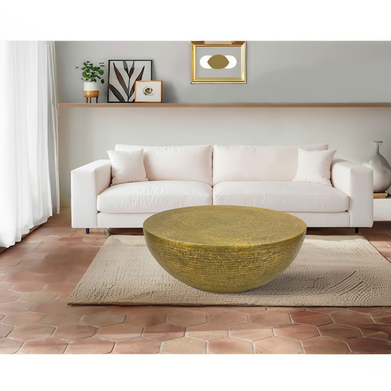Terminus Coffee Table, 36 Inch Round Bowl Base with Hand Etched Texture, Antique Brass