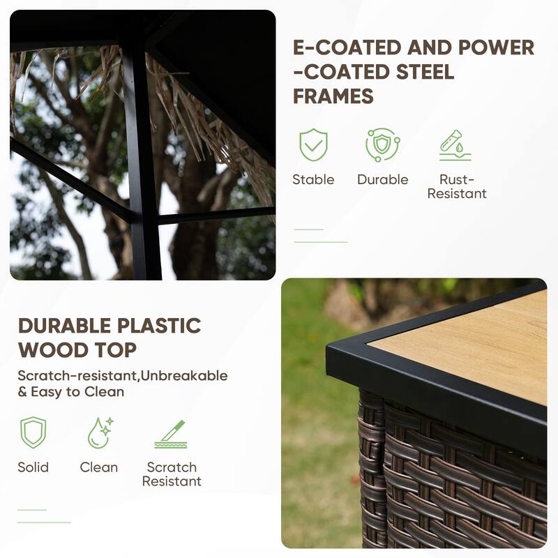 Pocassy Outdoor Tiki Bar Set with 2 Stools Storage for Garden