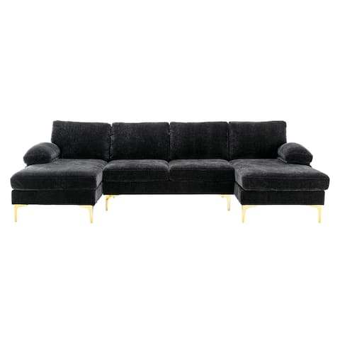 U-shape Sleeper Sofa Living Room Furniture Chenille Fabric Sectional Sofa with Pillow Top Arms Chaise and Iron Feet Support