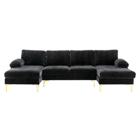 U_style Sleeper Sofa Living Room Furniture Chenille Fabric Sectional Sofa with Pillow Top Arms Chaise with Iron Feet Support