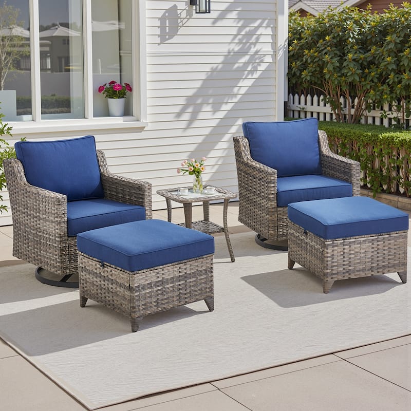 Pocassy Outdoor Patio Furniture Wicker Sofa Swivel Chair Set - Grey Wicker Blue Cushion - 5 Pieces Swivel Chair with Ottoman