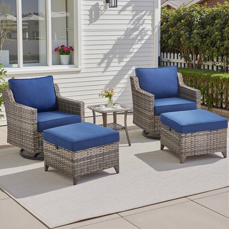 Pocassy Wicker Patio Glider Swivel Chair Ottoman Furniture Set. - Blue Cushion Gray Wicker - 5-Piece Swivel Chair Table w/ Ottoman Set