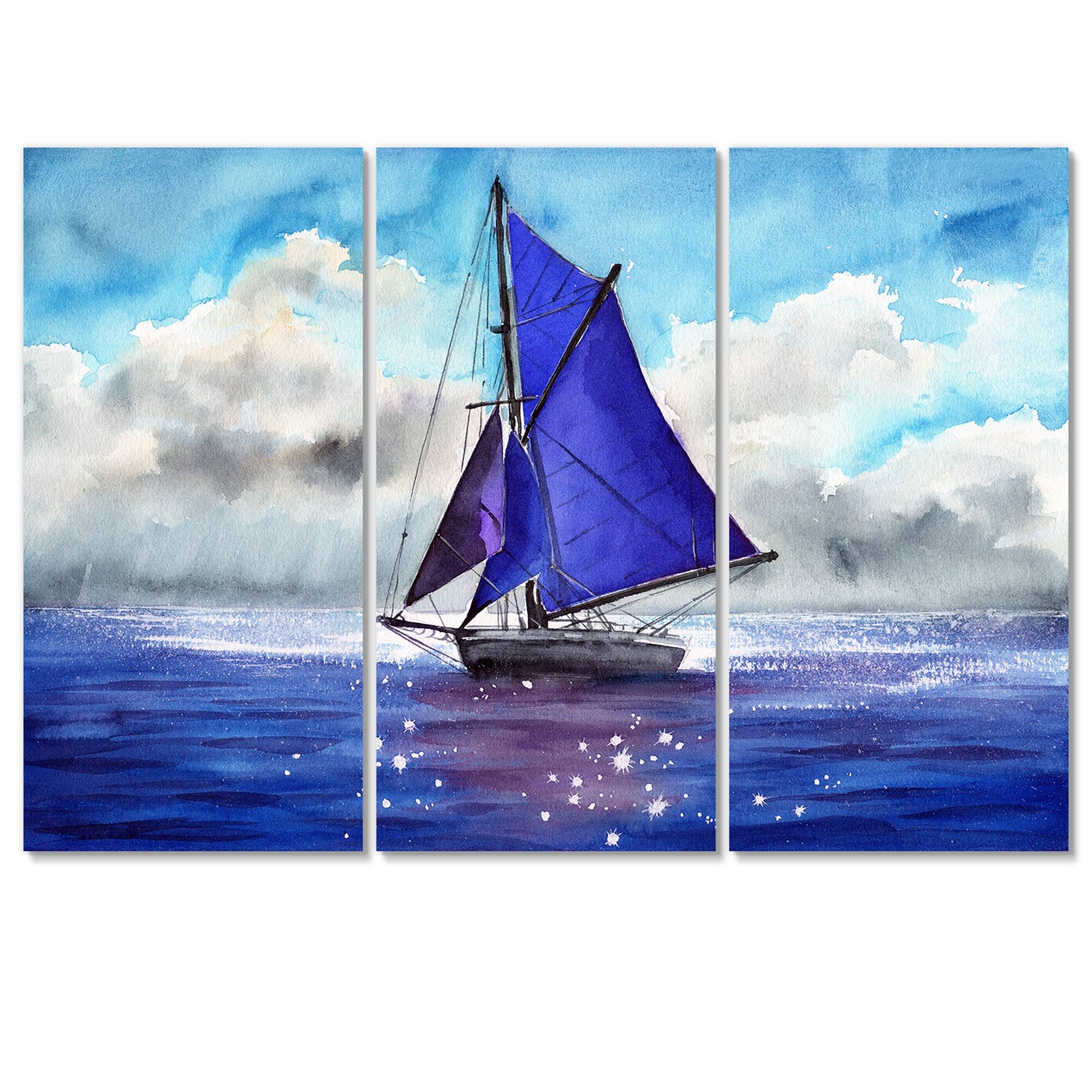 Designart "Sail Boat With Blue Sails" Nautical & Coastal Canvas Wall