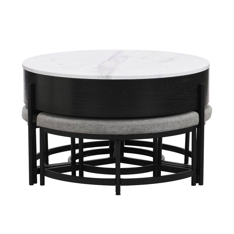 Round Lift-Top Coffee Table with Storage and 3 Ottoman