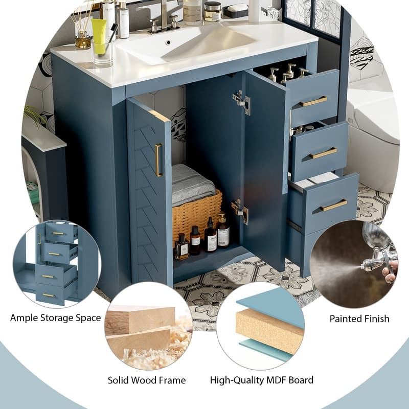36" Bathroom Vanity with Ceramic Sink, 3 Drawers& Soft Closing Doors