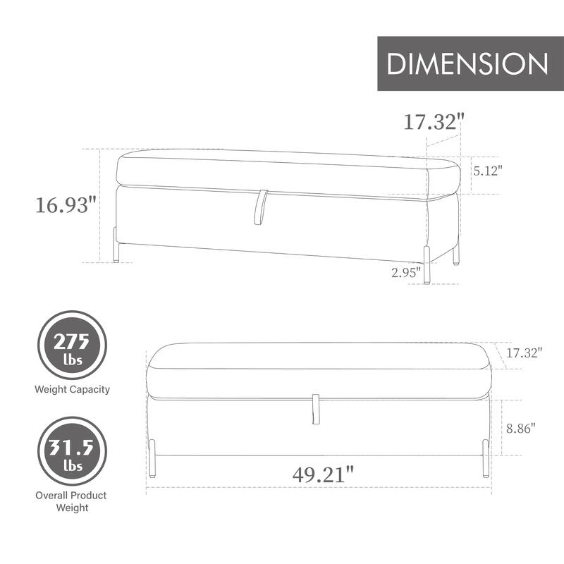 49.21"Wide Velvet Storage Soft Bench for Living Room, Entryway and Bedroom