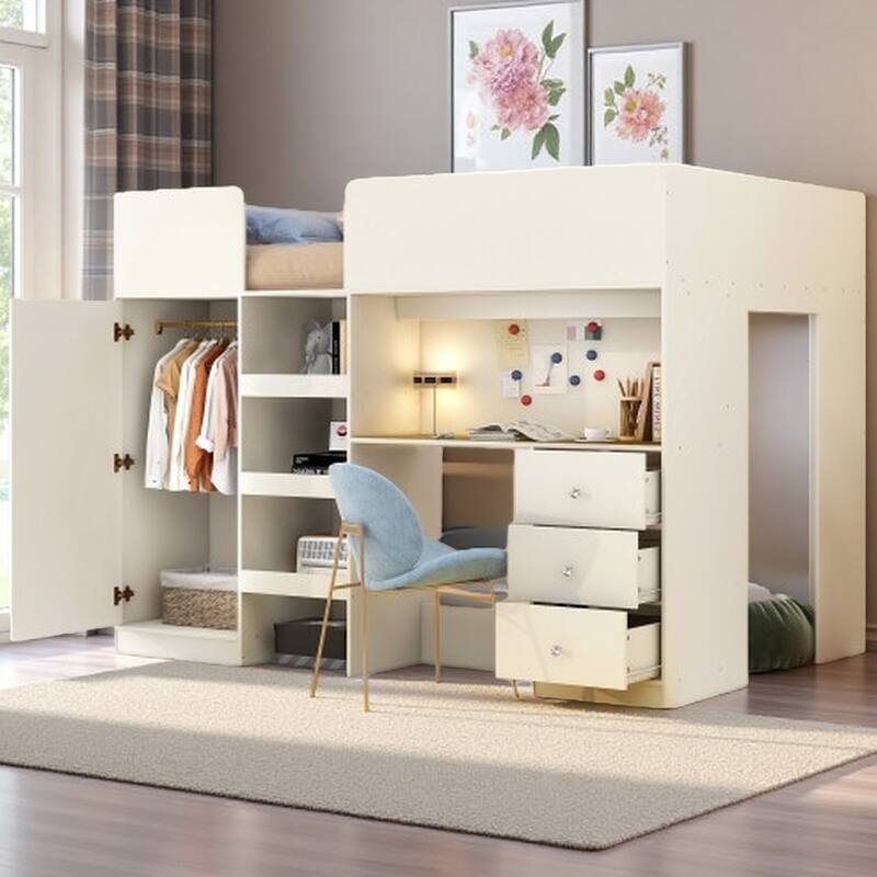 Full Size Loft Bed with Desk, Wardrobe, Drawers & Shelves, Wood Frame with Built-In Storage and Study Area - Beige