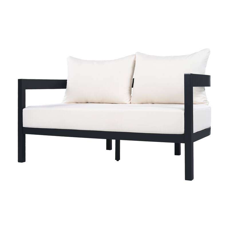 Christopher Knight Home - Modern 4-Piece Outdoor Aluminum Patio Conversation Set with Oval Glass Coffee Table & Cushions