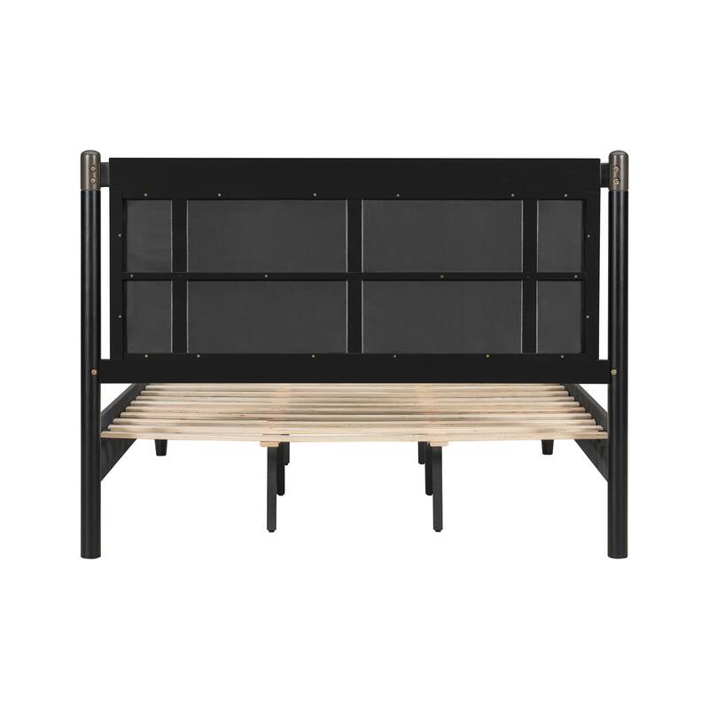 Roomfitters Queen Premium Wood Bed Frame, Heavy Duty 500lbs Support, Upholstered Headboard with Metal Accents