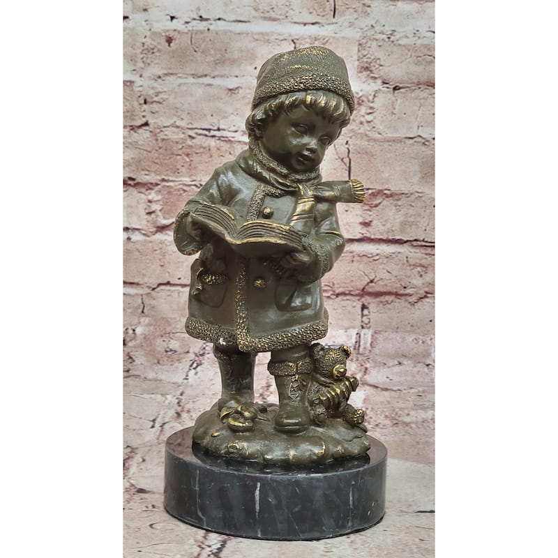 Winter Child Reading Book – Bronze Figurine With Teddy Bear