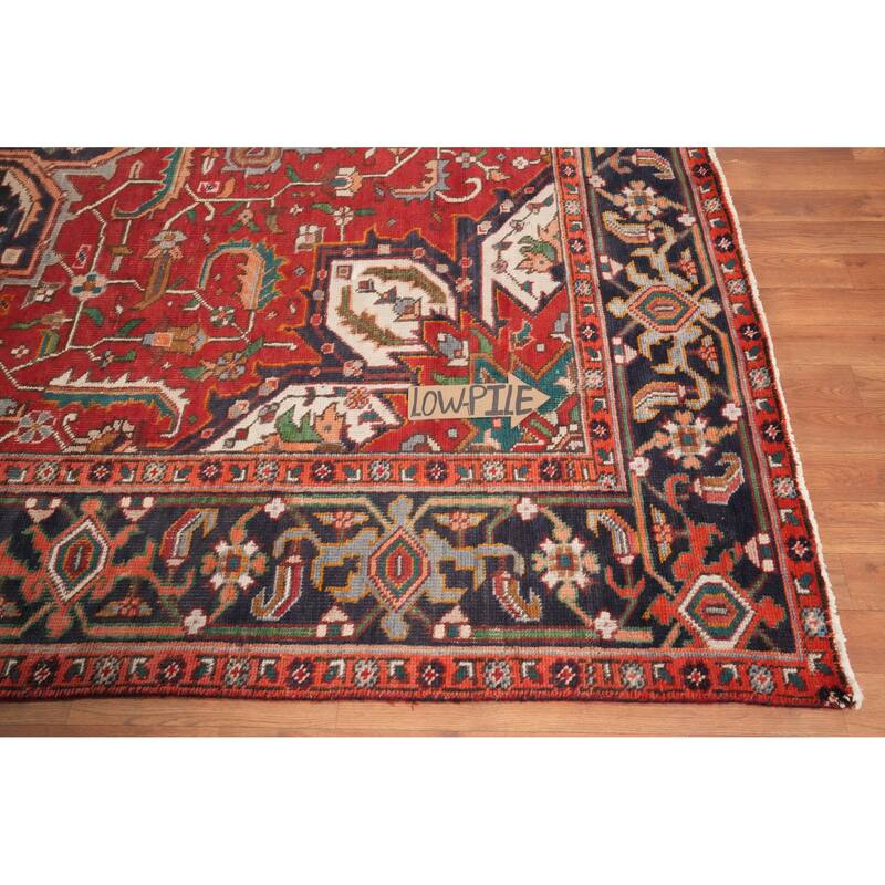 Hand Knotted Oriental 100% Wool Carpet Traditional Floral Red Heriz Area Rug - 11' 1'' X 7' 11''