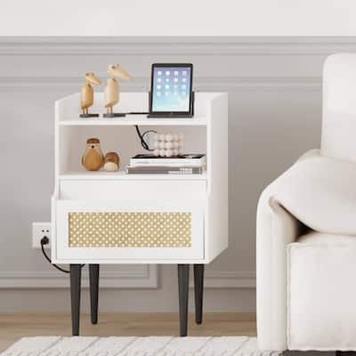 Rattan Side Table with Charging Station for Bedroom Set of 2