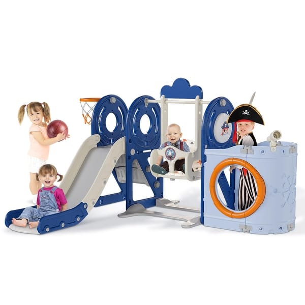 slide 2 of 7, 5 in 1 Toddler Slide and Swing Set, Pirate Ship Themed Baby Slide for Toddlers Aged 1-3, Indoor Outdoor Toddler Playset