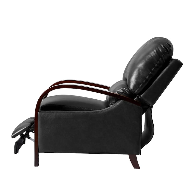 Alex Mid-century Modern Genuine Leather Manual Recliner with Wooden Curved Arms