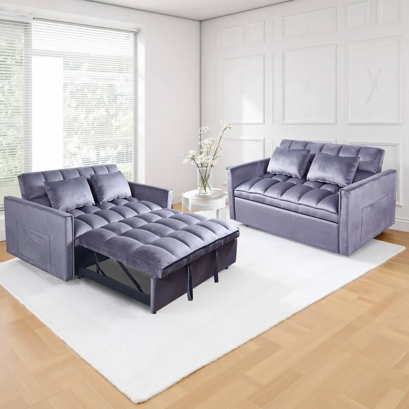 3-in-1 Convertible Sleeper Loveseat Pull Out Twin Size Suede Sofa Bed with 2 Pillows & Pocket