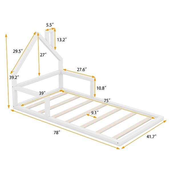 dimension image slide 0 of 2, Twin Size Floor Bed with House Headboard - Sturdy Wood, Easy Assembly, Natural