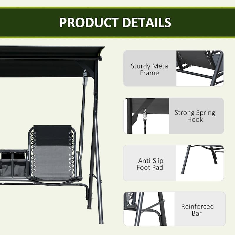 2-Seater Porch Swing with Pivot Table, Cup Holder, Adjustable Canopy