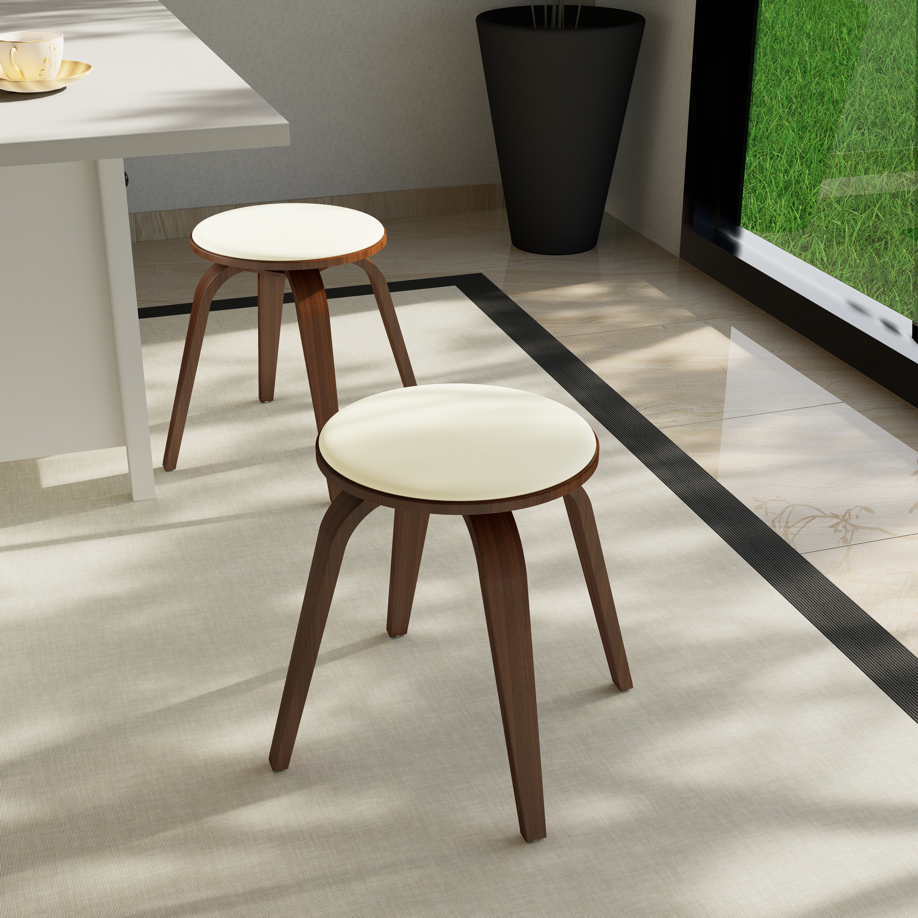 Pelya Minimalist Modern Round Counter Stool with Leather Seat & Poplar Wood Frame 360° Swivel Kitchen Bar Stool