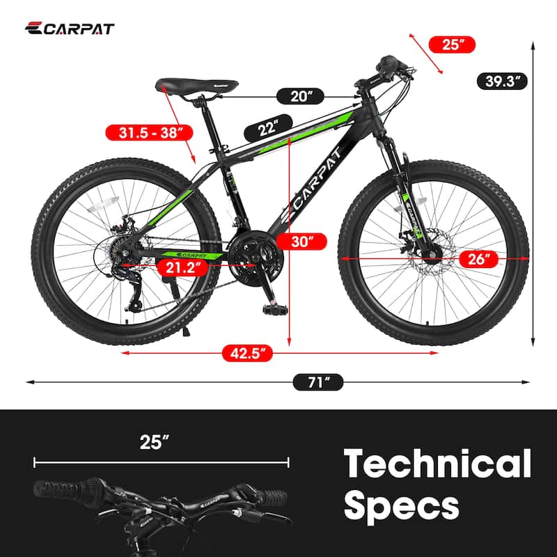 26-Inch Mountain Bike with Shimano 21 Speeds, Mechanical Disc Brakes, Steel Frame, and Suspension for Adults & Teenagers