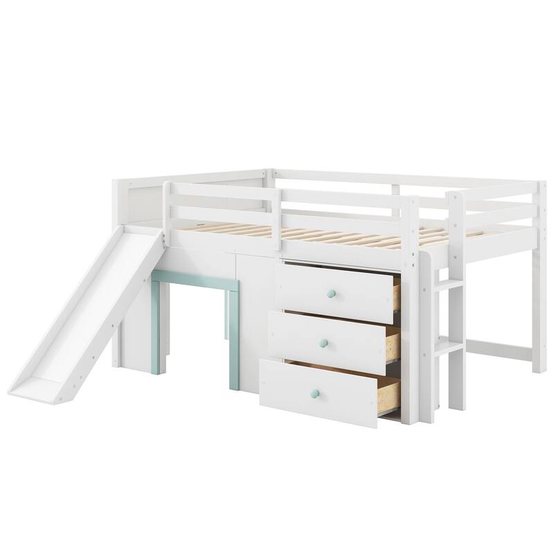 Full Size Low Loft Bed With Slide,3 Storage Drawers And Two Doors