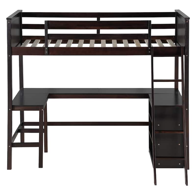 Integrated Study Area - Wood Twin Size Loft Bed with Built-in U-shaped Desk and Bookcase for Boys, Girls Bedroom