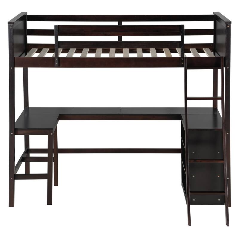 Twin Size Loft Bed With Shelves And Desk, Wooden Loft Bed With Desk - Espresso