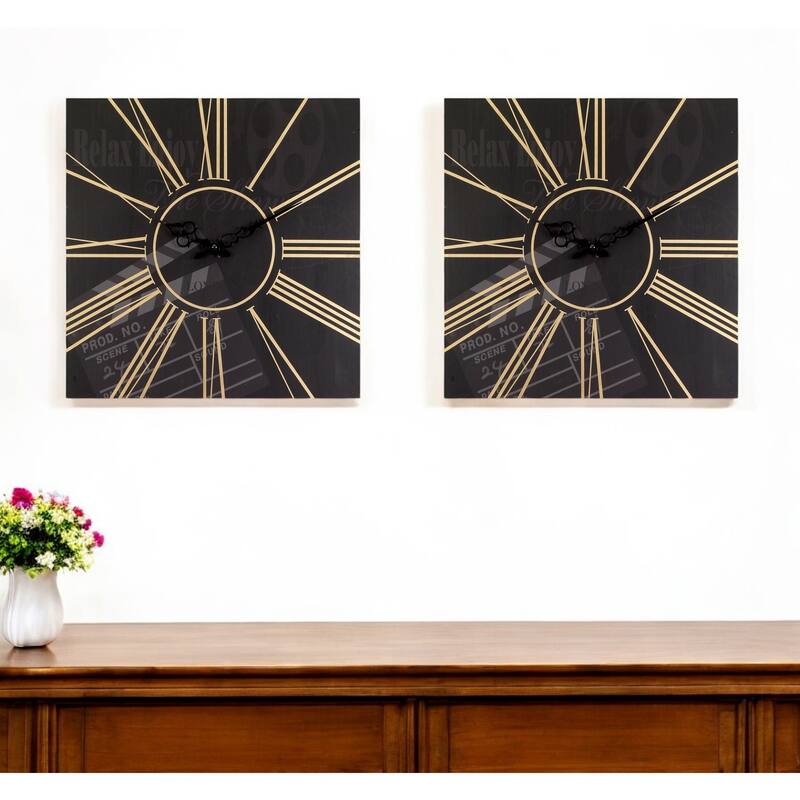 HomeRoots Set of Two Black And Gold Wood Analog Square Cinema Wall Clocks - 15.75' X '15.75' X '1.75 - Gold/Black - 15.75' X '15.75' X '1.75