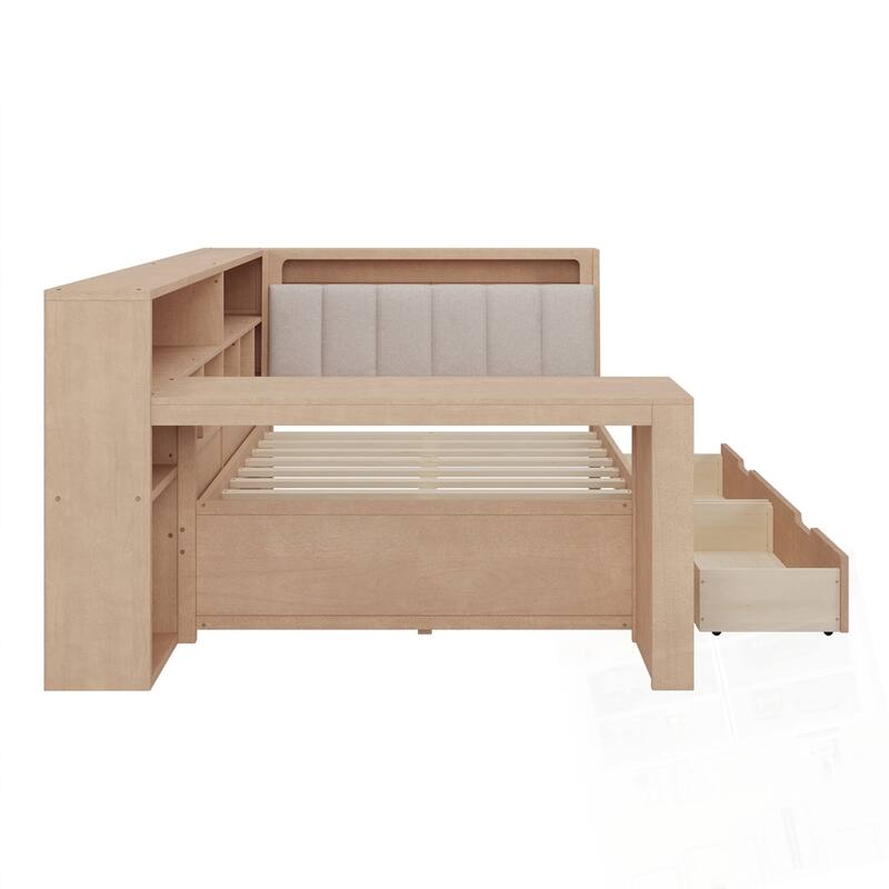 L-shaped Wooden Daybed with Desk and Storage Bookcase with Upholstered Headboard
