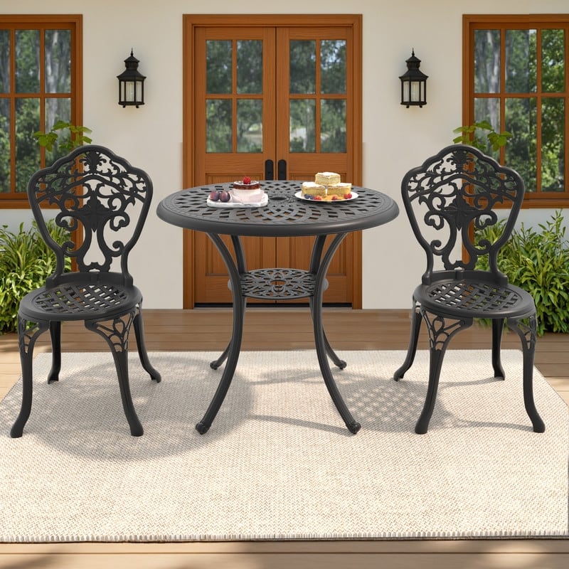 Black 3-Piece Cast Aluminum Patio Bistro Set Rust-proof Outdoor Bistro Set