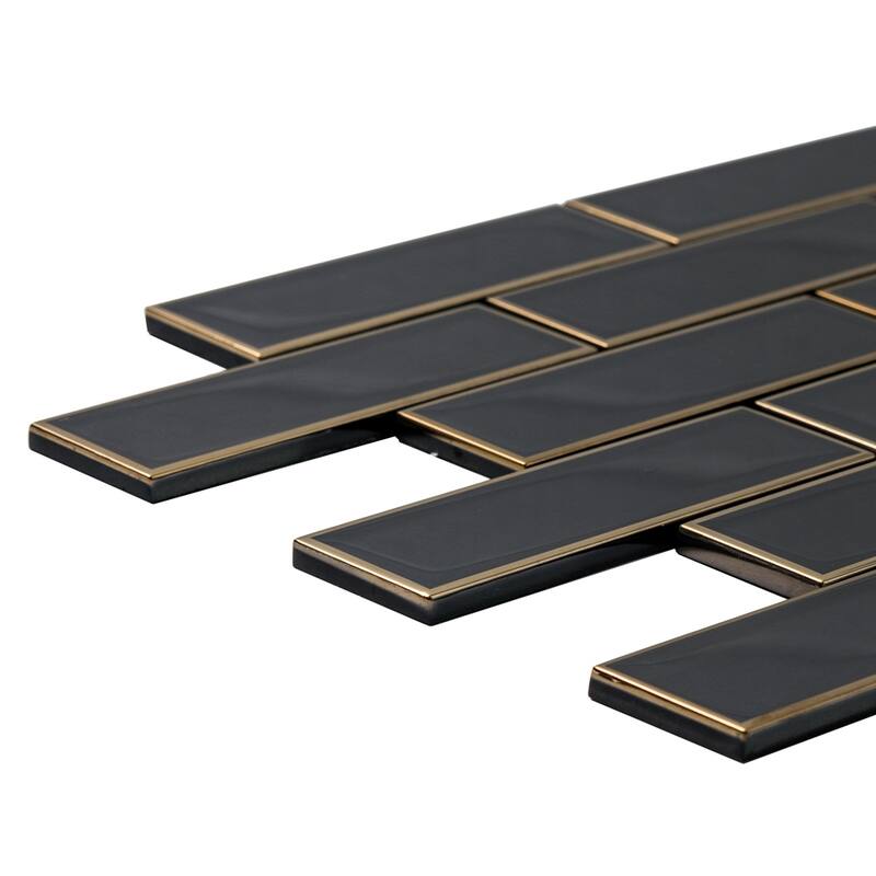 The Tile Life Athena 2x6 Black/ Gold Matte Glass Subway Mosaic Backsplash & Wall Tile