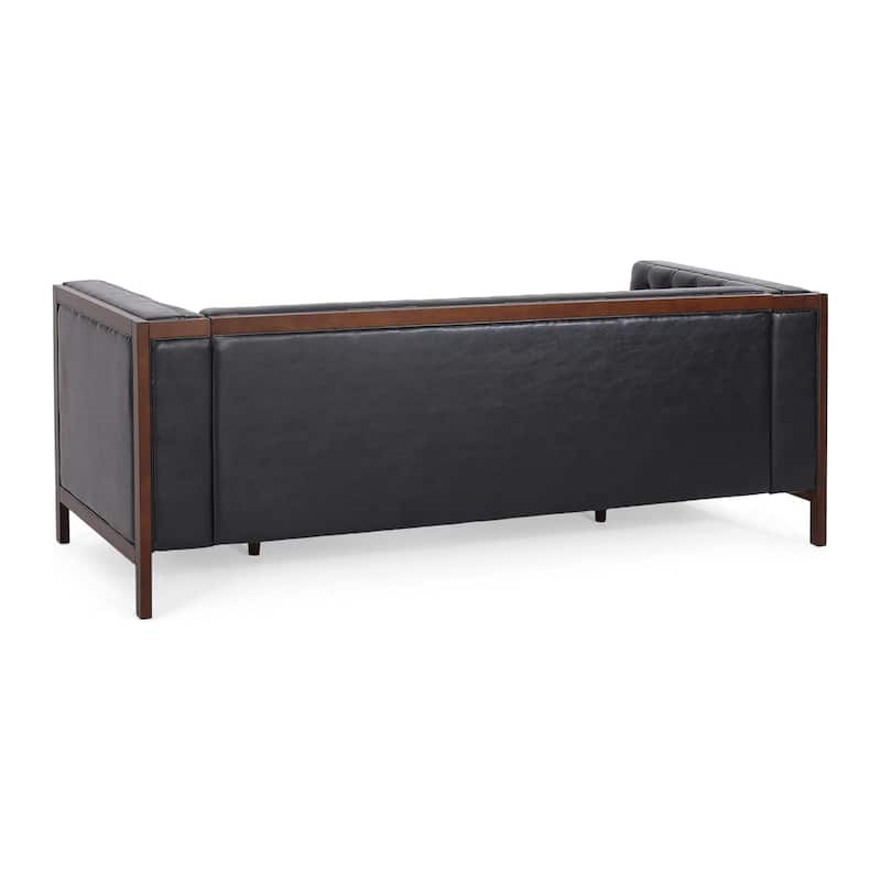 Sofa, 79 Inch 3 Seater, Button Tufted Black Faux Leather, Rubberwood