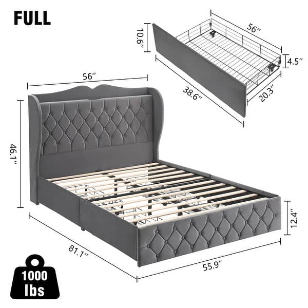 dimension image slide 1 of 3, Full Size Grey Velvet Bed Frame with 4 Convenient Storage Drawers, Wingback Headboard with Charging Station