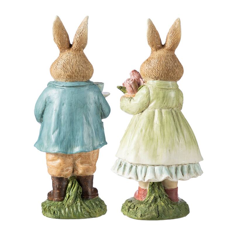 Glitzhome Easter Resin Bunny Boy Girl Table Decor with Flower Rabbit Figurine Ornaments