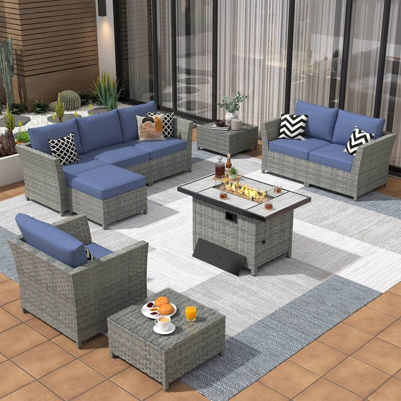 XIZZI 10-piece Patio Rattan Wicker Furniture with Rectangular Fire Pit - Denim Blue