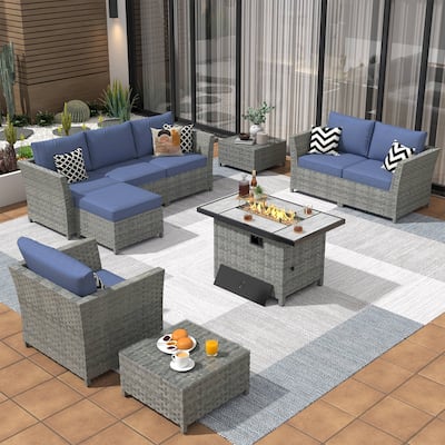 XIZZI 10-piece Patio Rattan Wicker Furniture with Rectangular Fire Pit