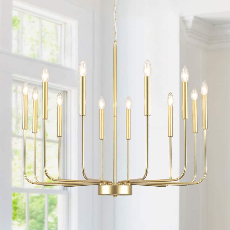 12-Light W32.08" x H70.07" Rustic Candle Chandelier for Dining Room Bedroom - Spray-painted Gold