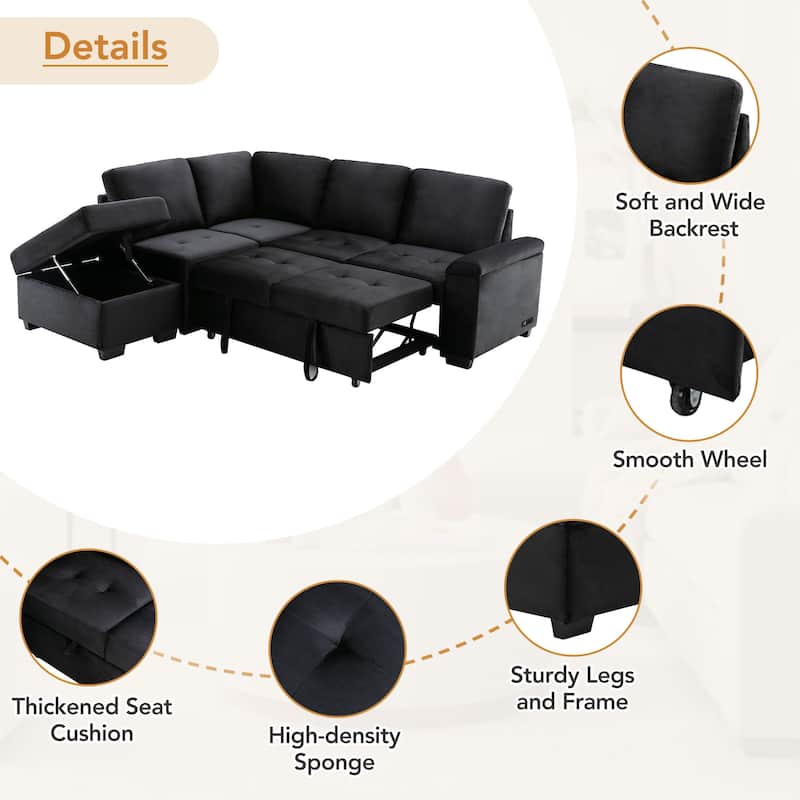 84.75'' L-Shape 5 Seat Sectional Sofa with Pull-Out Bed, Storage Ottoman, Hidden Arm Storage & USB Charging
