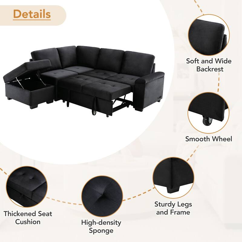 Corner Sleeper Sectional Sofa with Storage Ottoman & USB