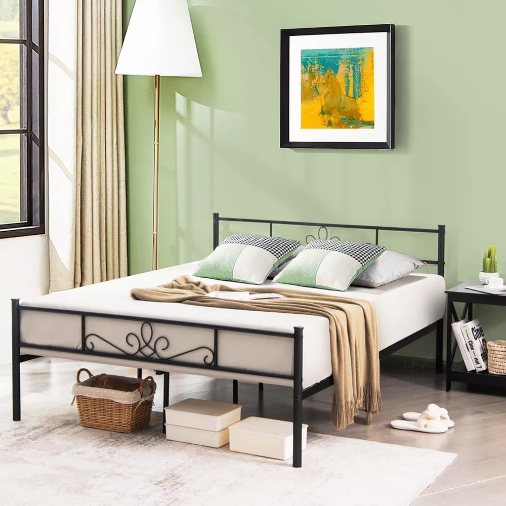 Queen Metal Platform Bed Frame with Headboard and Footboard Black