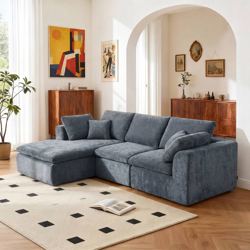 L-Shaped Chenille Sectional Sofa with Chaise Lounge, Living Room Modular Leisure Couch Chenille Sleeper Sofa