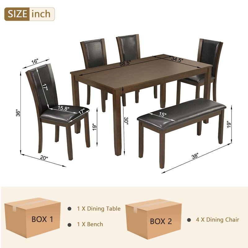 6-Piece Dining Table Set with Bench and Chairs, Wooden dining table set for 6 people