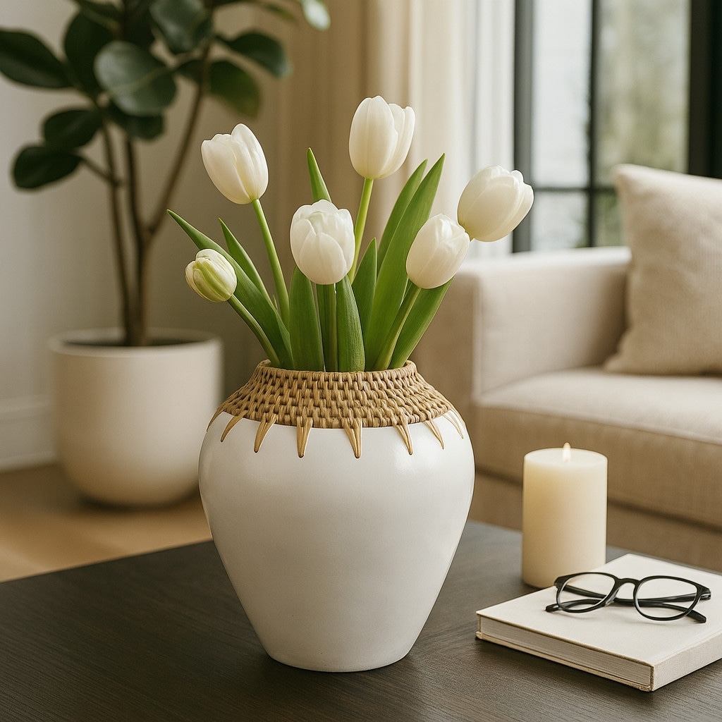 Decorative Vase - White Ceramic Woven Rattan Neck, 10 in.