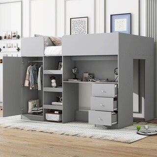 Grey Full Size Solid Wood Loft Bed with Built-in Wardrobe, Desk, Storage Shelves and Drawers