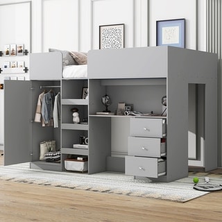 Wood Full Size Loft Bed with Built-in Wardrobe and Storage Shelves, Kids Bed Frame with 3-drawers Desk and Drawers, Grey