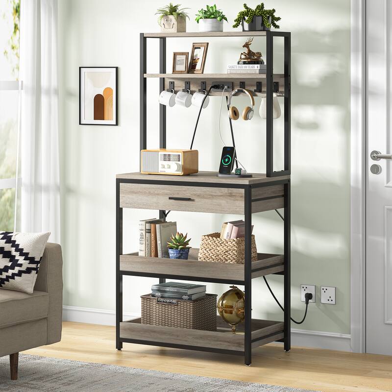 5-Tier Kitchen Bakers Rack with 4 Power & USB Outlets, Microwave Stand with Drawers and Shelves