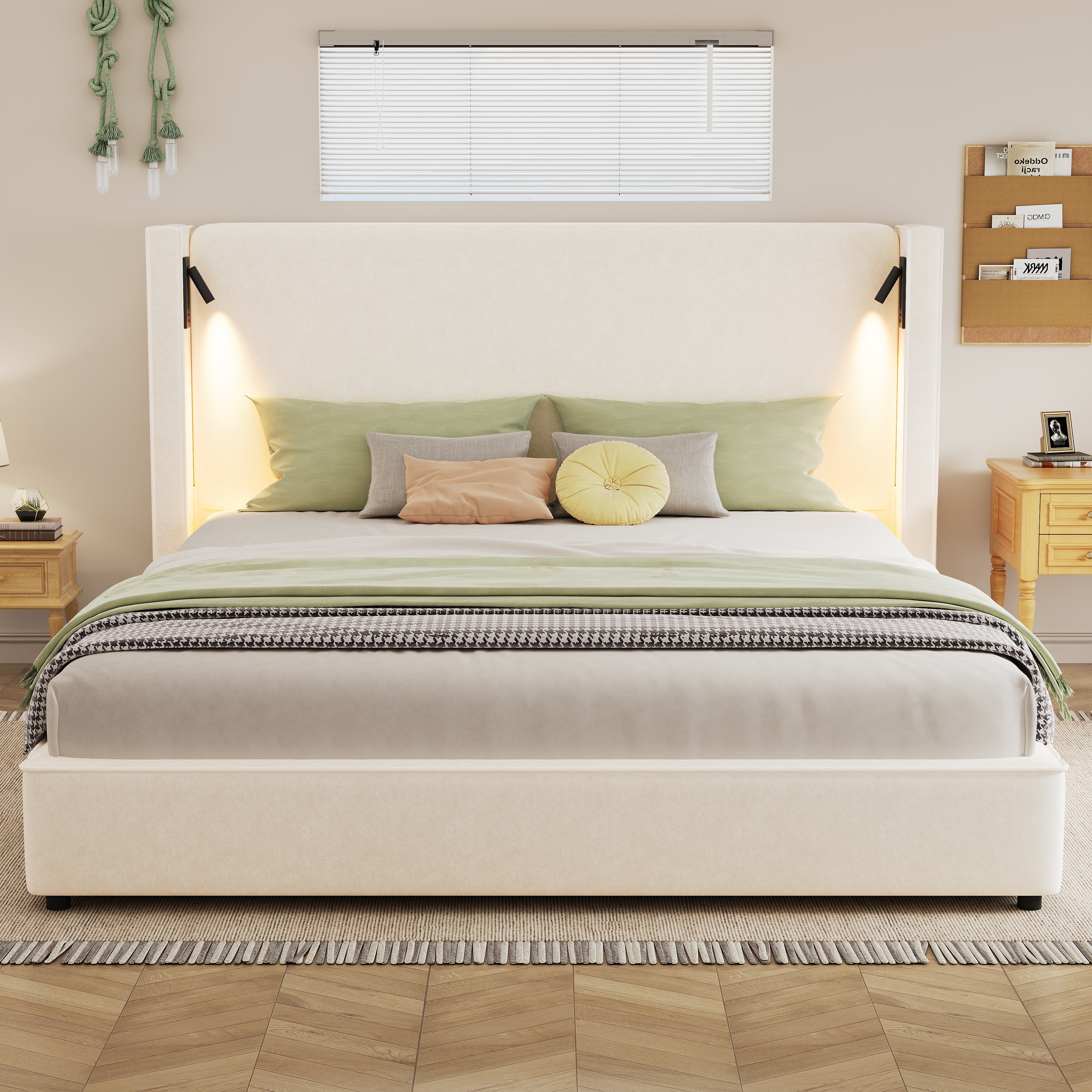 Roomfitters King Size Upholstered Platform Bed Frame with Wingback Headboard, Reading Light and USB Ports, Beige
