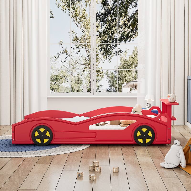 Red Wooden Twin Size Race Car Platform Bed Bed with Wheels Legs, Safety ...